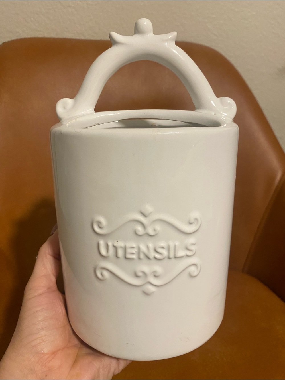 White Ceramic Utensil Holder with Decorative Handle - Buttermilk